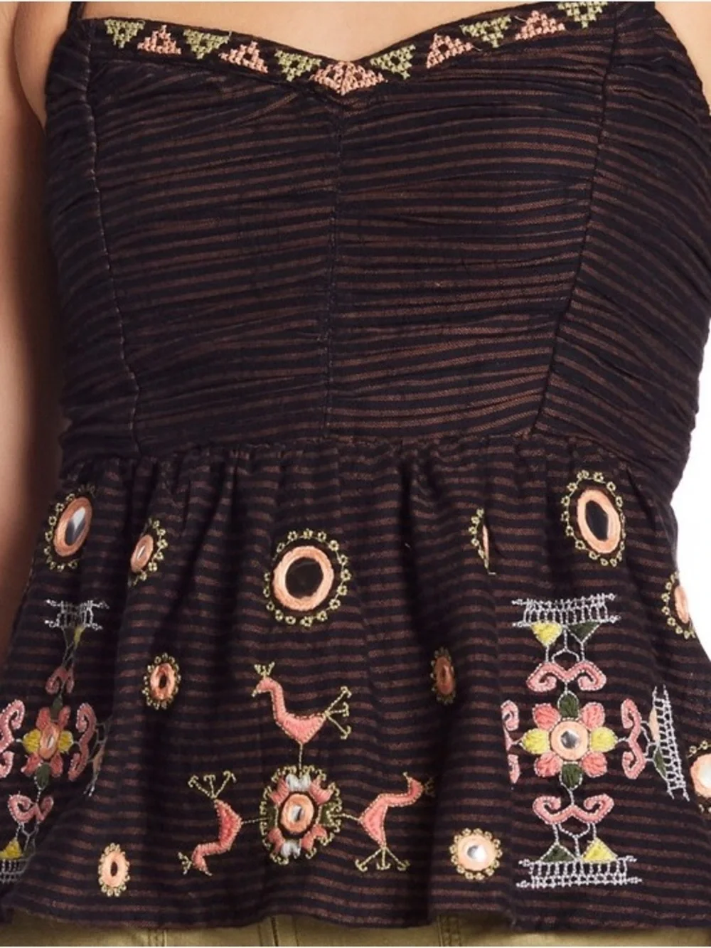 Free People navy and brown Embroidered Backless Halter Peplum Top